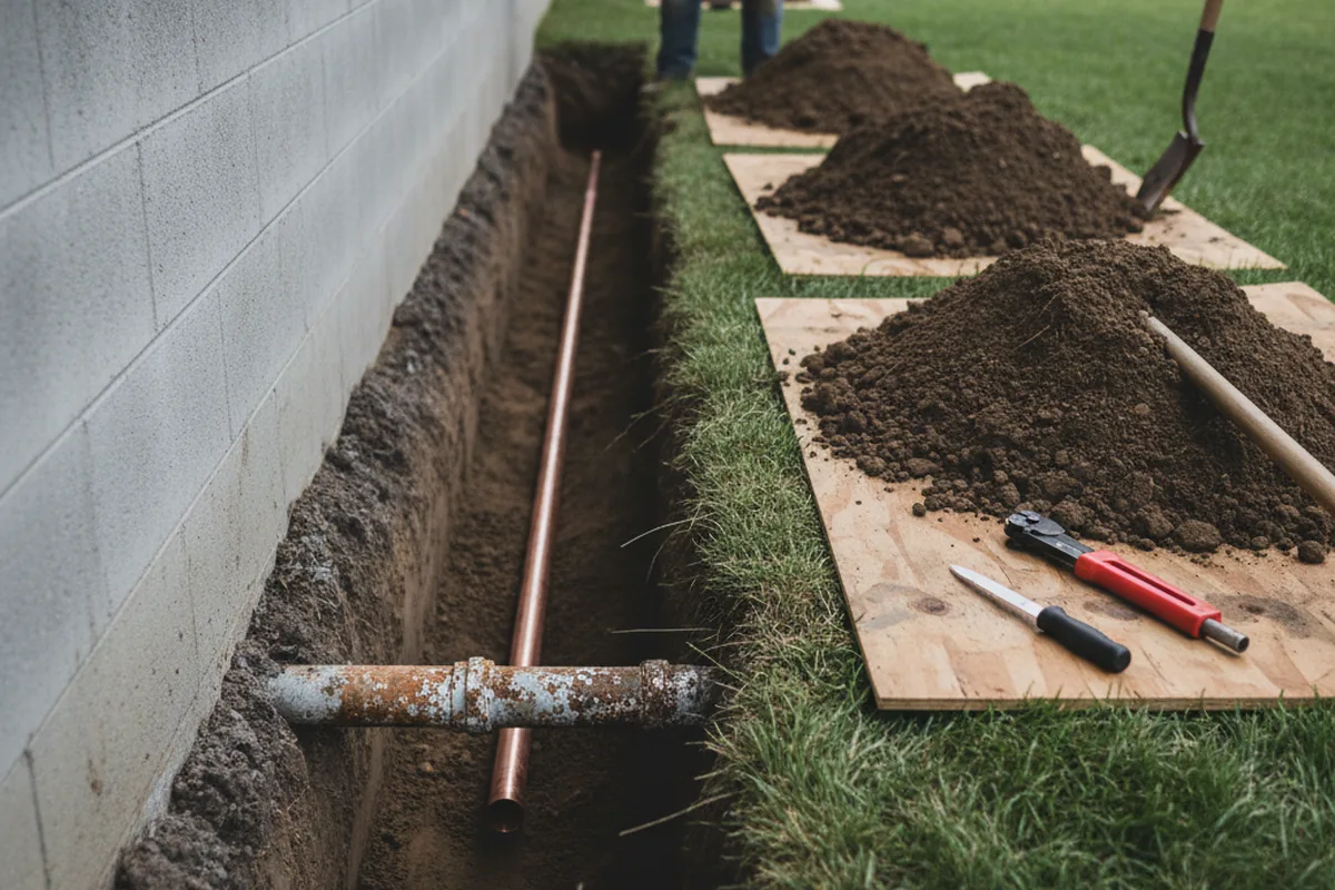 Excavated water line trench during Sewer Line Repair in Emmett